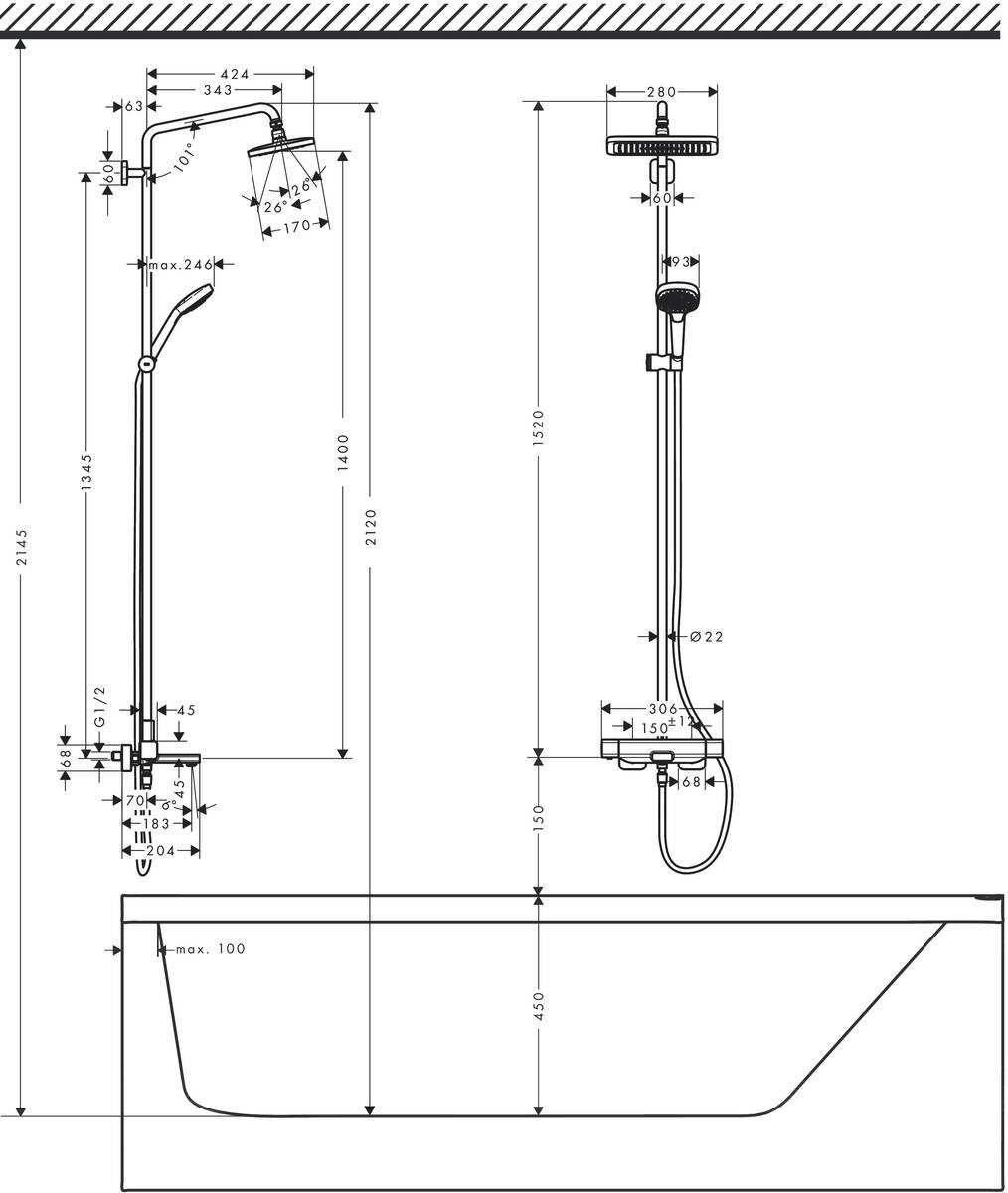 Croma E Showerpipe 280 1jet with bath thermostat