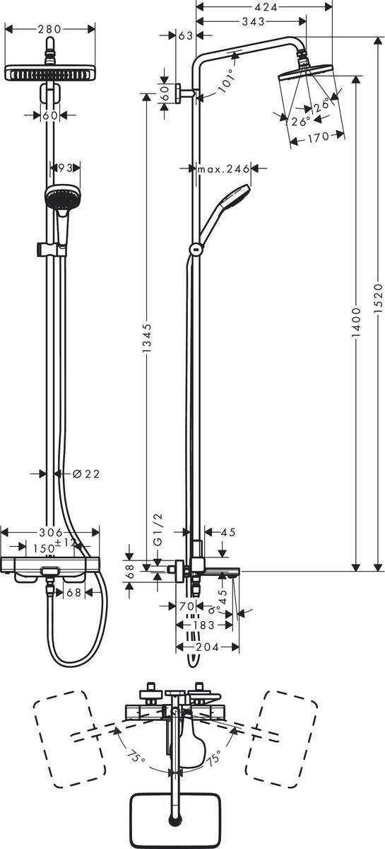 Croma E Showerpipe 280 1jet with bath thermostat