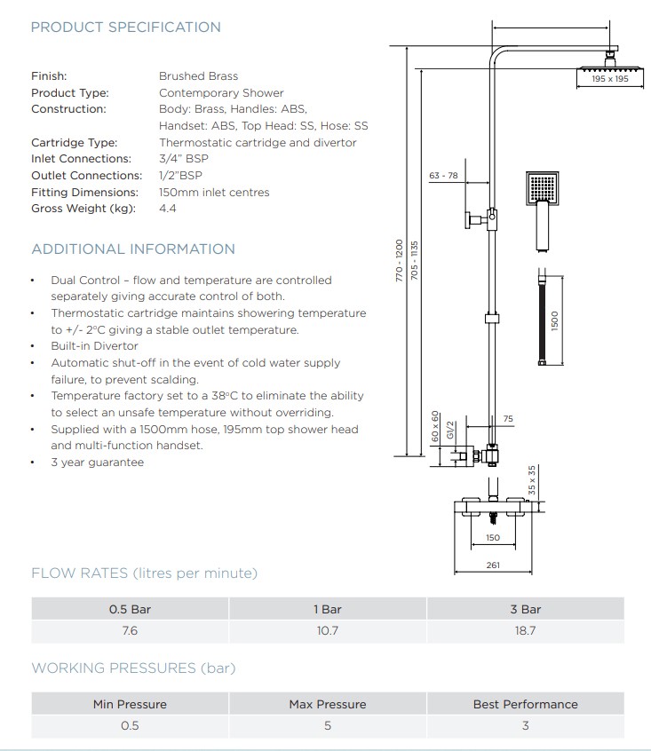SQUARE SHOWER SET - BRASS