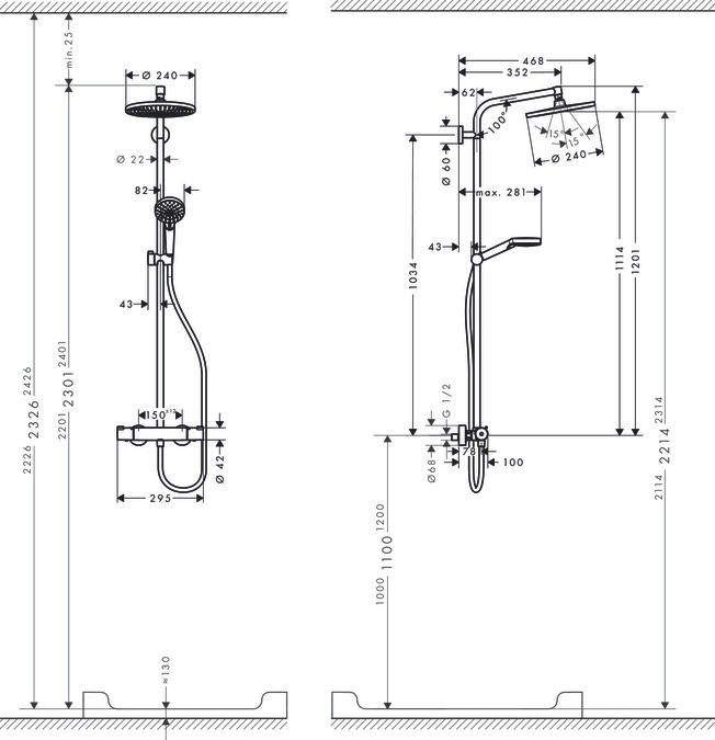 Showerpipe 240 1jet with thermostatic shower mixer
