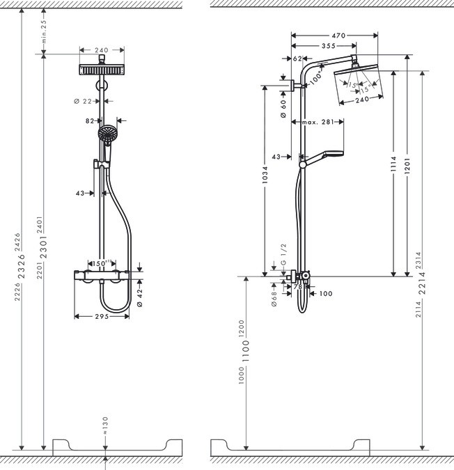 Showerpipe 240 1jet with thermostatic shower mixer