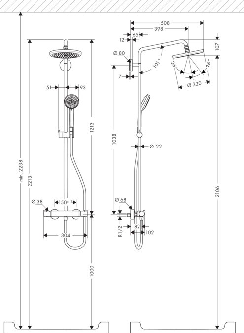 Showerpipe 220 1jet with thermostatic shower mixer