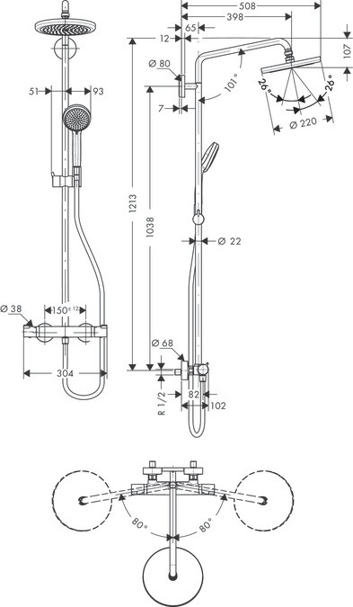 Showerpipe 220 1jet with thermostatic shower mixer