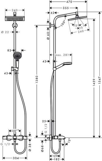 Showerpipe 240 1jet with thermostatic bath mixer