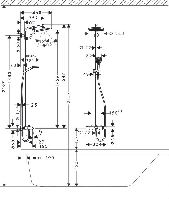 Crometta E Showerpipe 240 1jet with thermostatic bath mixer
