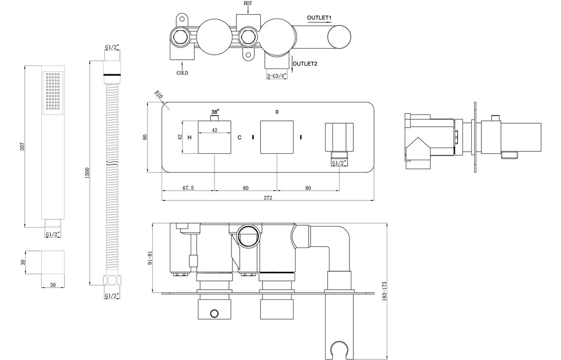 Aero Shower Pack Two - Twin Two Outlet w/Handset & Brass Overhead