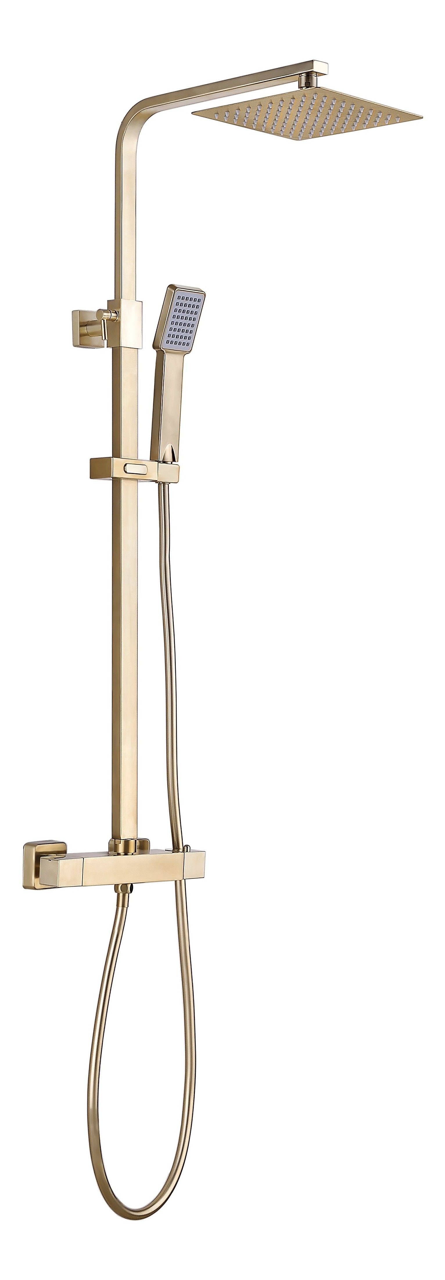 Square Thermostatic Bar Mixer w/Riser Kit - Brushed Brass
