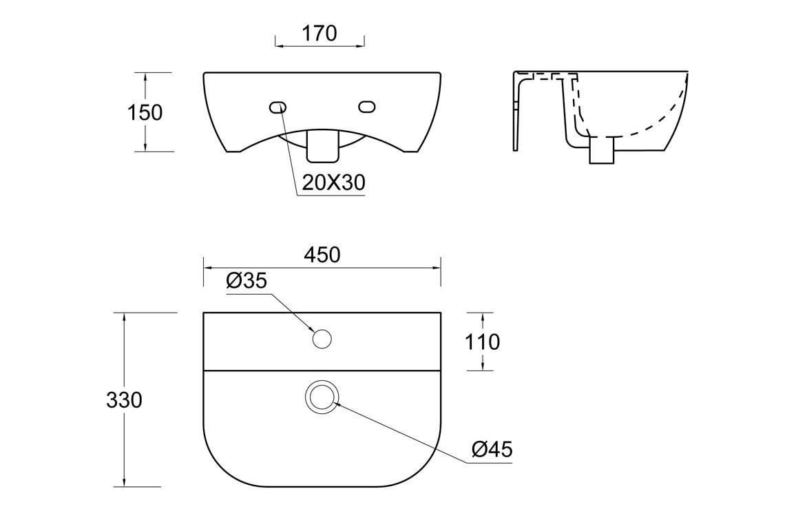 Winston 450x320mm 1TH Cloakroom Basin & Black Bottle Trap